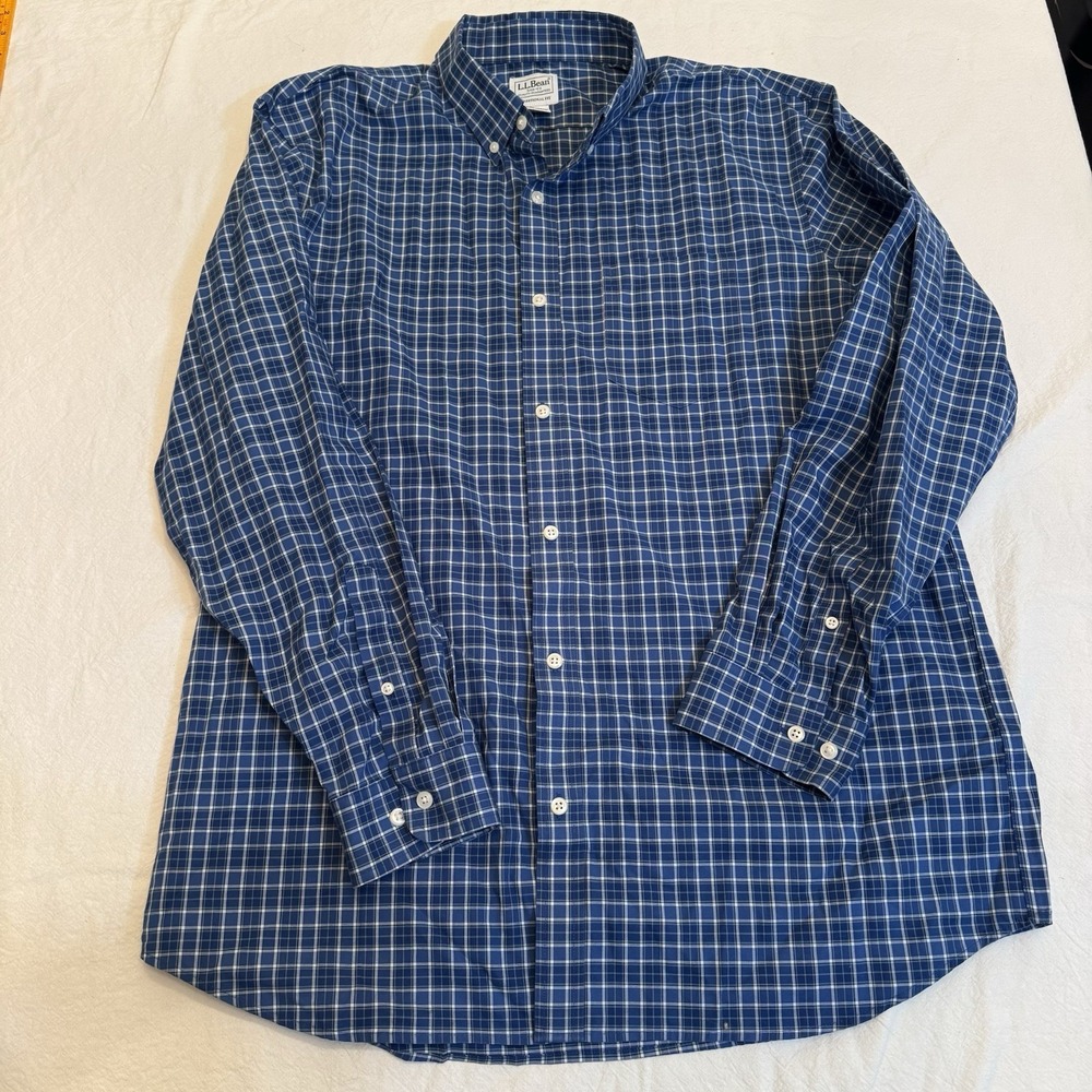 LL Bean Men Large Blue Tattersall Check Button Down Shirt Grandad